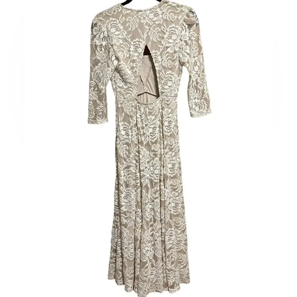 Show Me Your Mumu Tan and White Lace 3/4 Sleeve Dress with Keyhole Back Medium